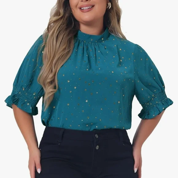 Teal Ruffle Sleeve Women's Top With Gold Stars Size 2X - Picture 7 of 10